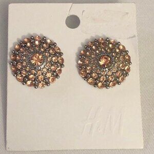 H&M Rose Rhinestone Round Silver Tone Earrings NOC